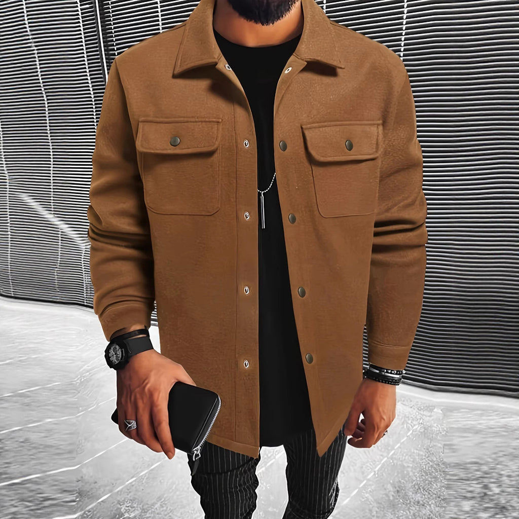 New Mens Button-front Overcoat With Flap Pockets