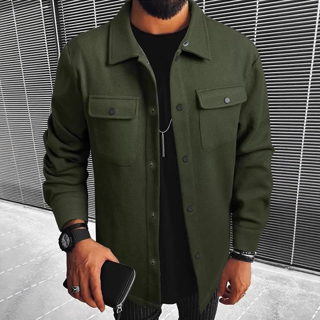 New Mens Button-front Overcoat With Flap Pockets